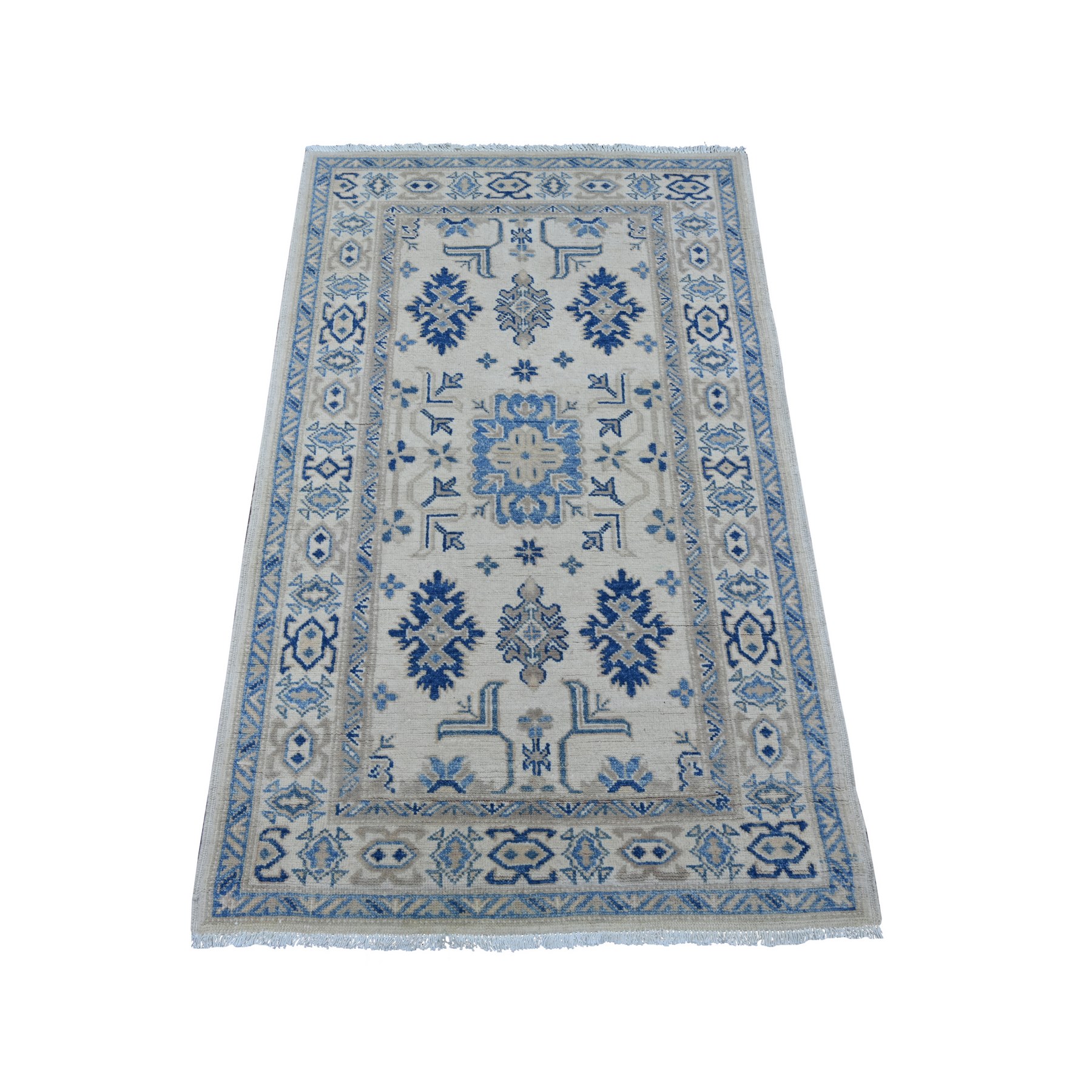 2'10"x4'8" Pearl White, Vintage Look Kazak with Geometric Floral Elements, 100% Wool, Hand Knotted, Natural Dyes, Oriental Rug 